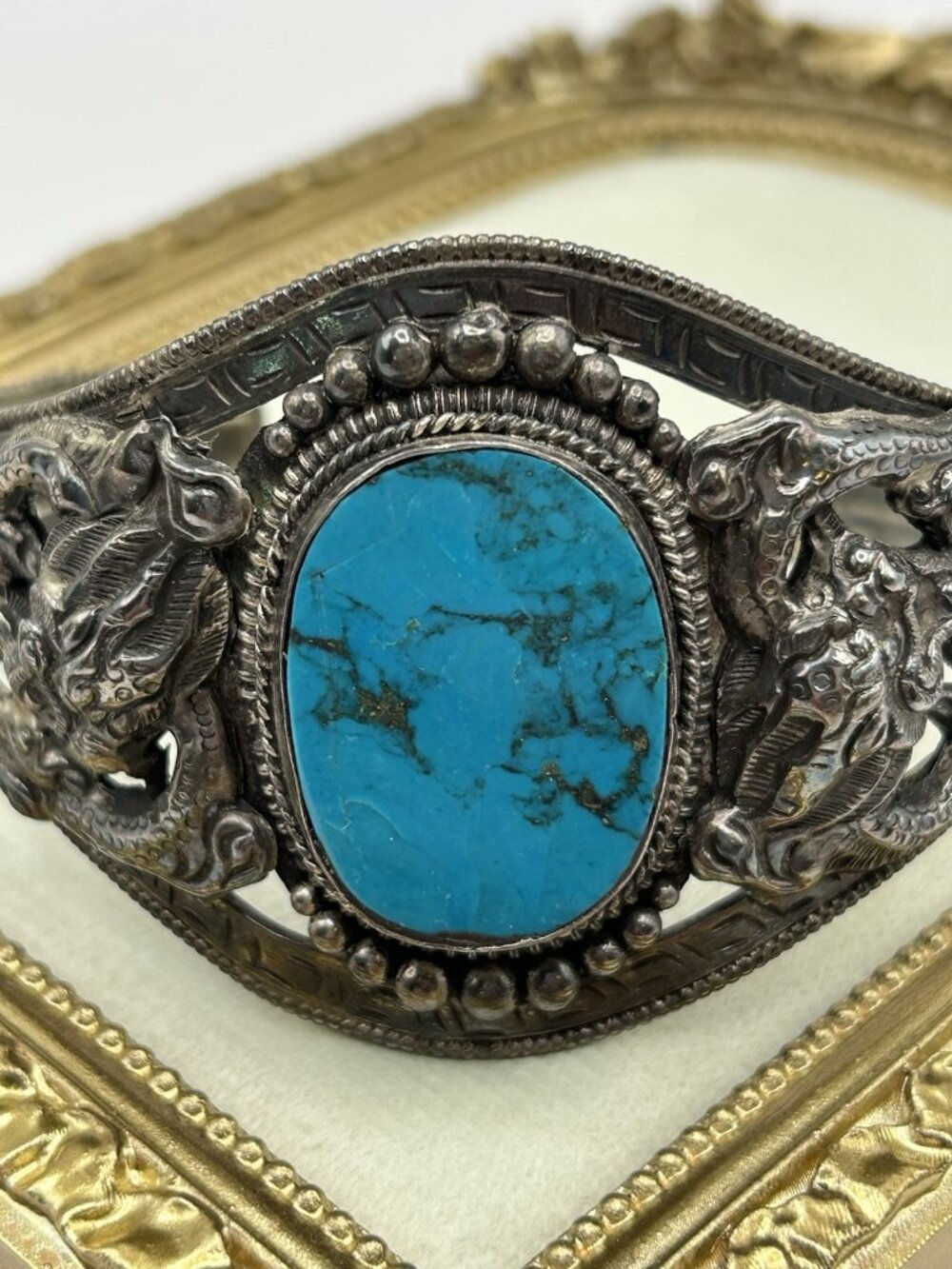 VTG Chinese Sterling Silver Dragon Turquoise Cuff Bracelet Western Blue Asian - Picture 2 of 16